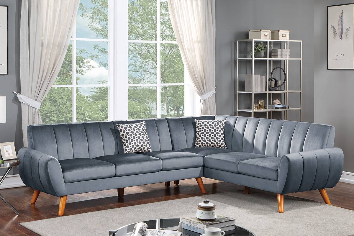 Poundex F8870 2 pc dark grey velvet fabric sectional sofa with tufted back Mid century modern A&J homes studio