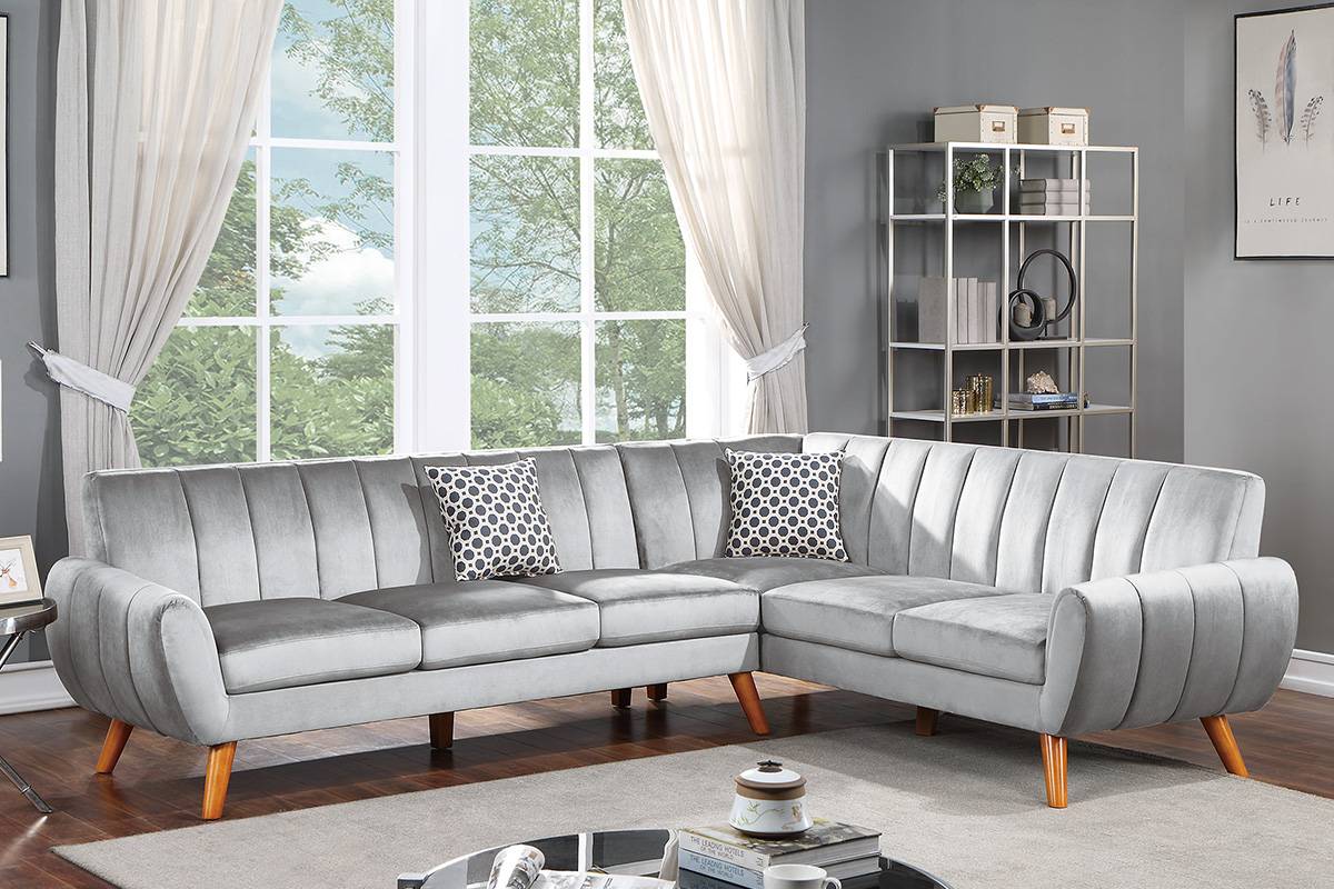 Poundex F8872 2 pc light grey velvet fabric sectional sofa with tufted back Mid century modern A&J homes studio