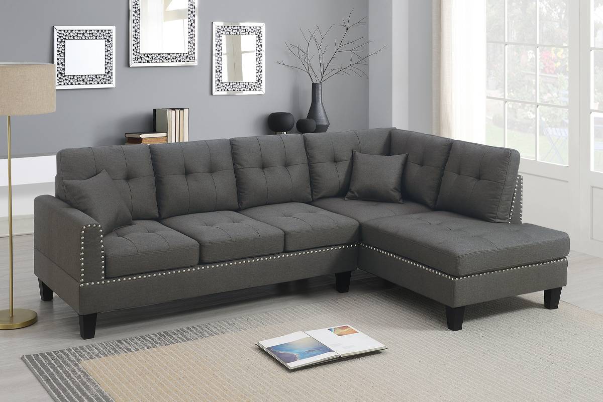 Poundex F8882 2 pc dark coffee linen like fabric sectional sofa with chaise and nail head trim