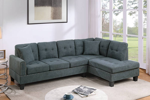 2-Piece Ash Black Tweed-Like Velvet Fabric Sectional Sofa with Chaise & Nailhead Trim – F8884