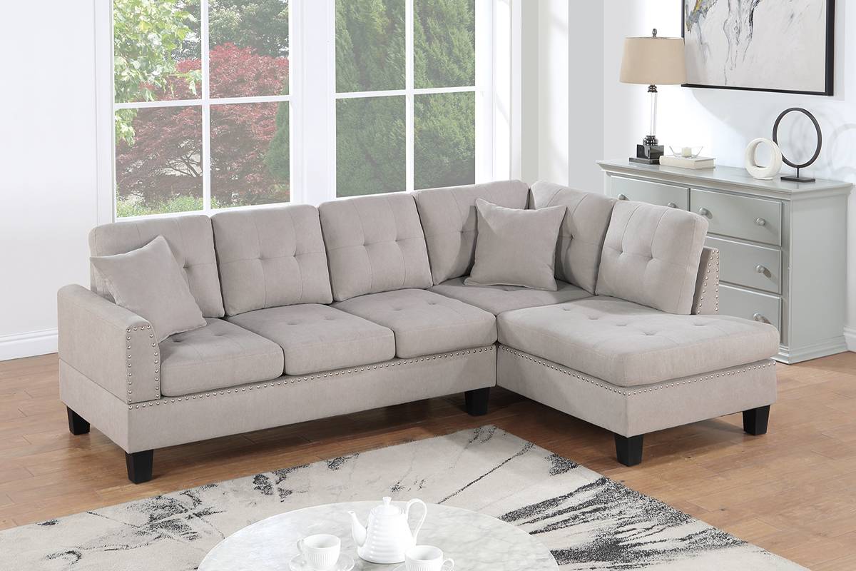 Poundex F8885 2 pc mushroom tweed like velvet fabric sectional sofa with chaise and nail head trim