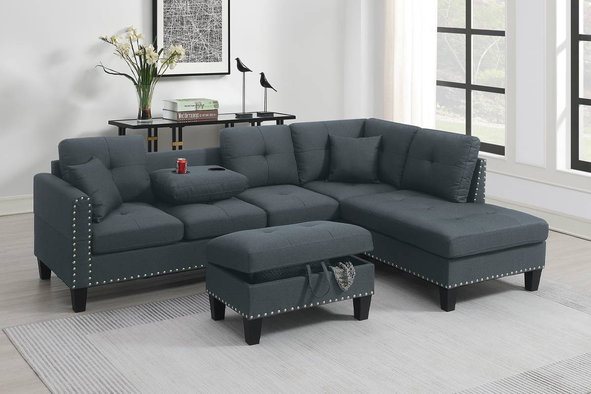 Poundex F8886 3 pc charcoal linen like fabric sectional sofa drop down cup holder chaise and ottoman nail head trim