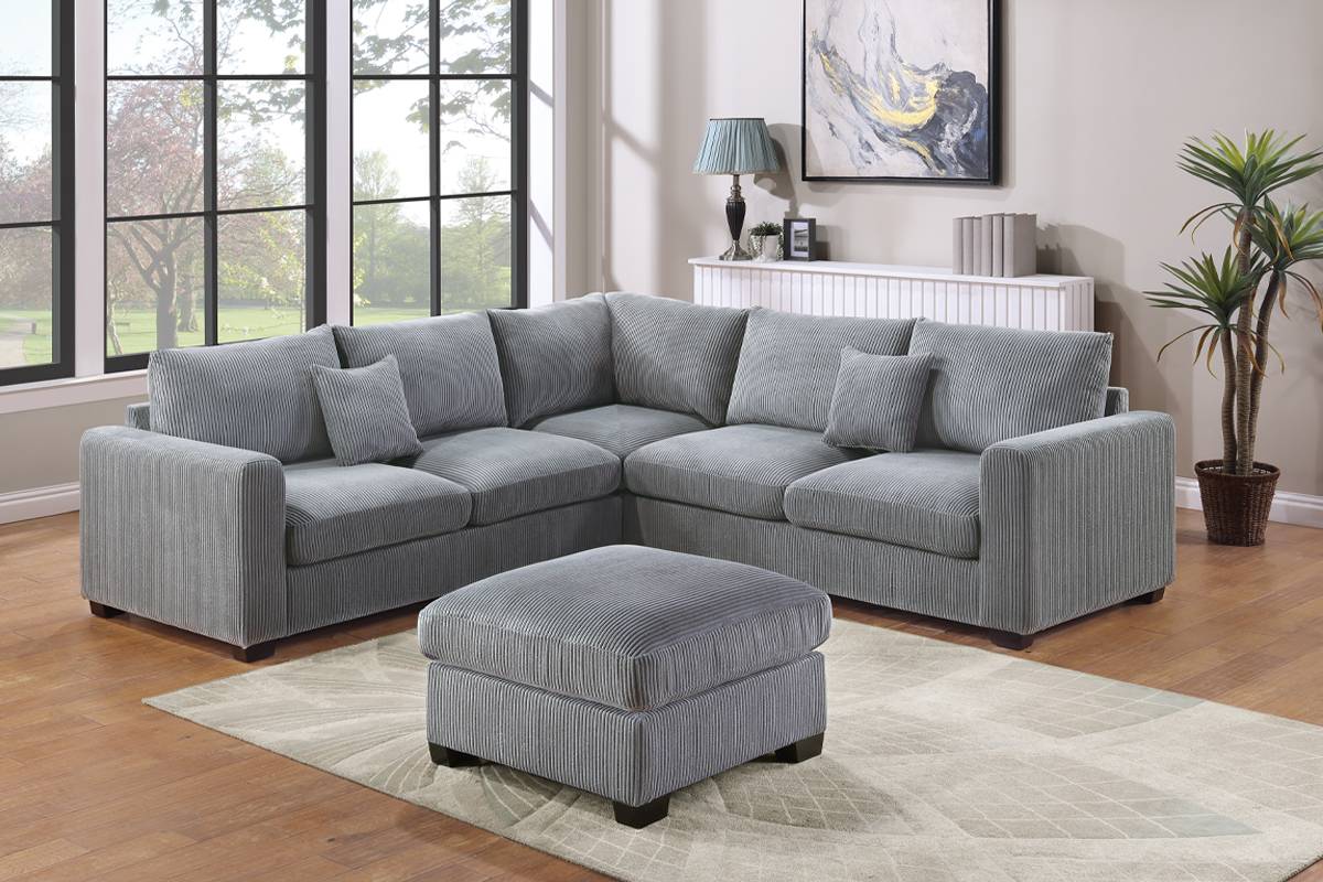Poundex F8890 4 pc fog grey cordury fabric upholstered sectional sofa with ottoman