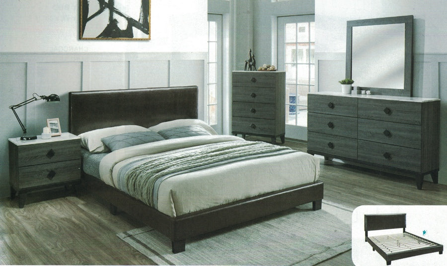 Poundex F9211Q 4 pc Restair brown faux leather bed weathered grey finish wood queen bedroom set
