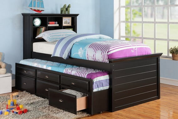 Poundex F9219 Harriett bee dolson black finish wood panel design twin trundle bed bookcase headboard and drawers