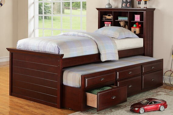 Poundex F9220 Harriett bee dolson cherry finish wood panel design twin trundle bed bookcase headboard and drawers
