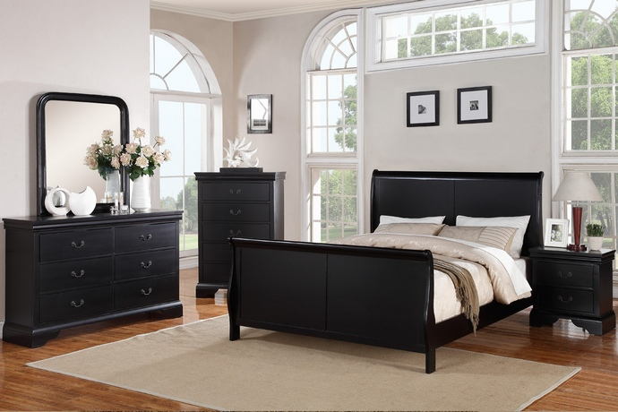 Poundex F9230Q 4 pc queen anne black finish wood sleigh style queen bed set