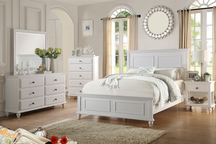 Poundex F9270Q-4PC 4 pc white finish wood paneled headboard queen bed set turned wood legs