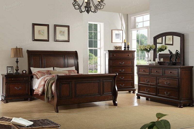 Poundex F9289Q-4pc 4 pc alician II brown cherry finish wood queen curved back headboard sleigh bed set