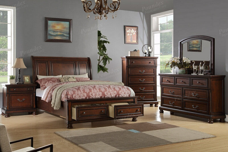 Poundex F9290Q-4pc 4 pc alician brown cherry finish wood queen curved back headboard platform bed set