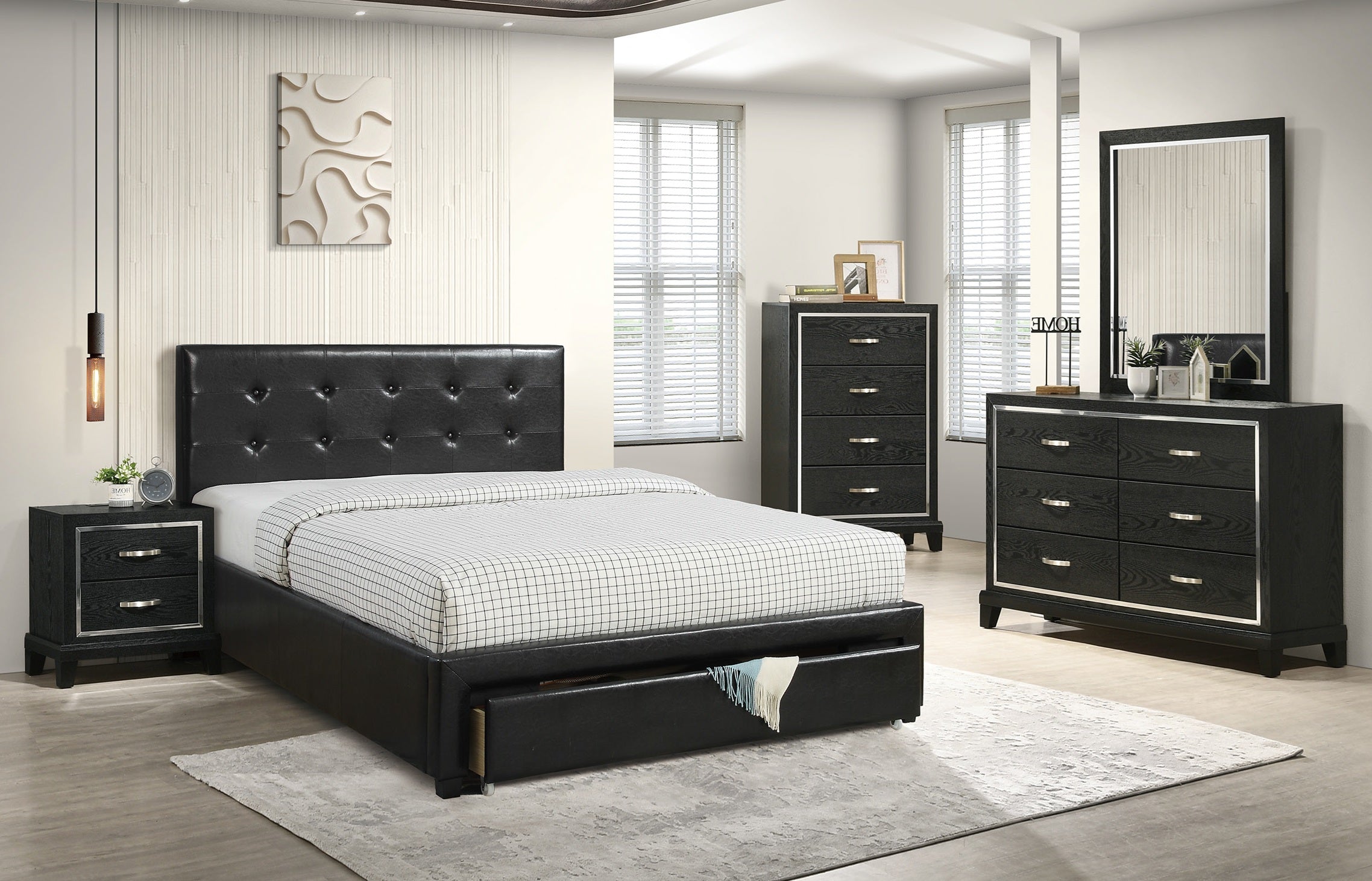 Poundex F9313Q 4 pc patricia ii black faux leather tufted and padded queen bedroom set footboard drawers
