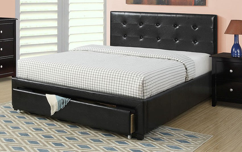 F9313Q black faux leather queen bed set with drawers euro slat kit included Latitude run beverly