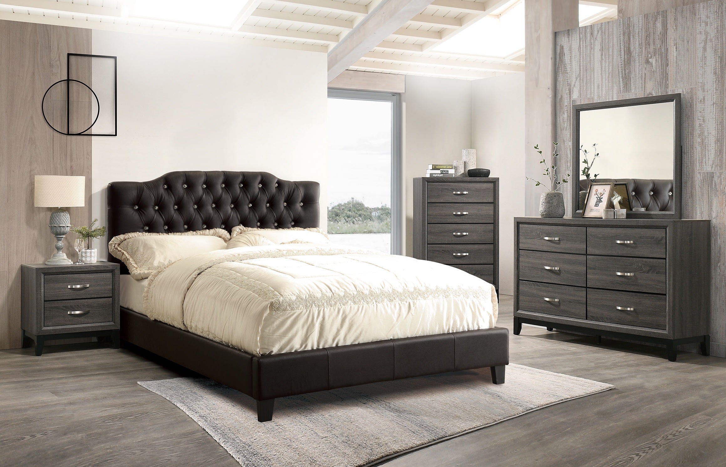 Poundex F9331Q 4 pc  Black faux leather tufted headboard woodgrain grey finish wood queen bed set