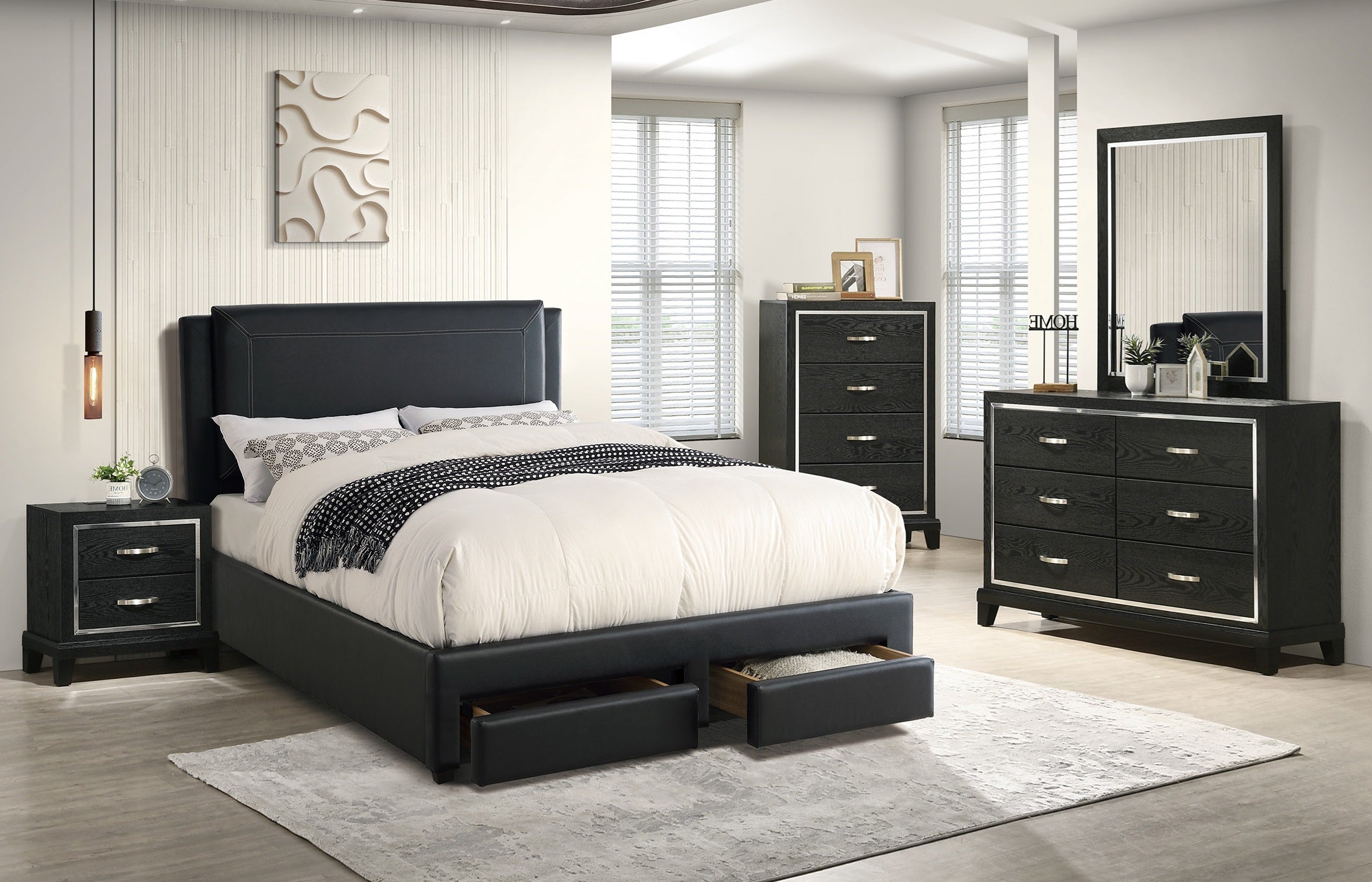 Poundex F9334Q 4 pc black faux leather padded queen bedroom set footboard drawers