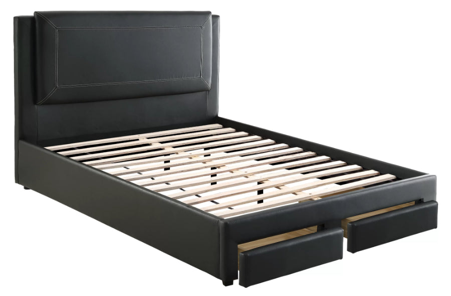 Poundex F9334Q 4 pc black faux leather padded queen bedroom set footboard drawers