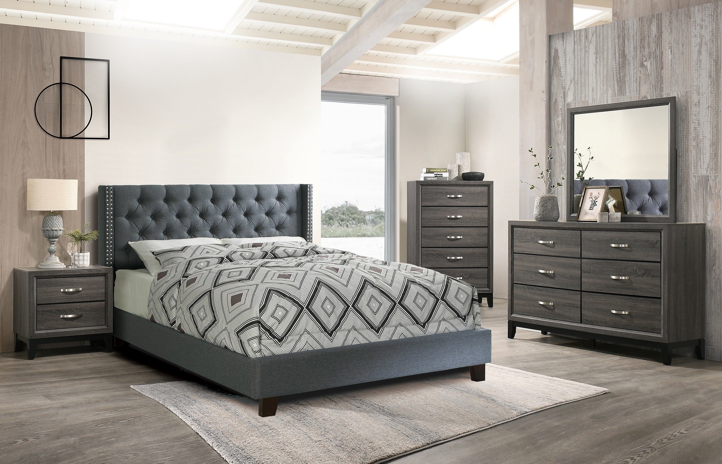 Poundex F9371Q 4 pc blue grey faux linen tufted headboard grey woodgrain finish queen bed set