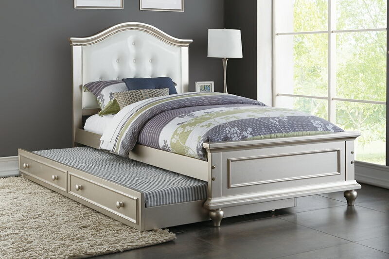 Poundex F9378 2 pc Harriett bee dasilva silver finish wood twin trundle bed white tufted headboard