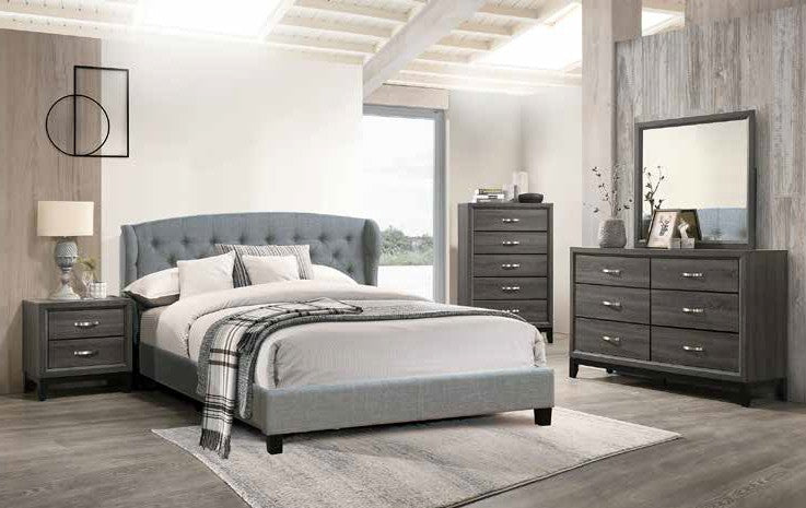 Poundex F9439Q 4 pc Janelle woodgrain grey finish wood grey fabric tufted queen bed set