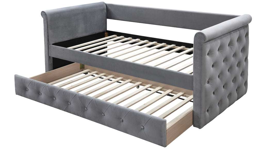 Poundex F9461 grey fabric padded twin size day bed with pull out trundle AJ homes studio huntington