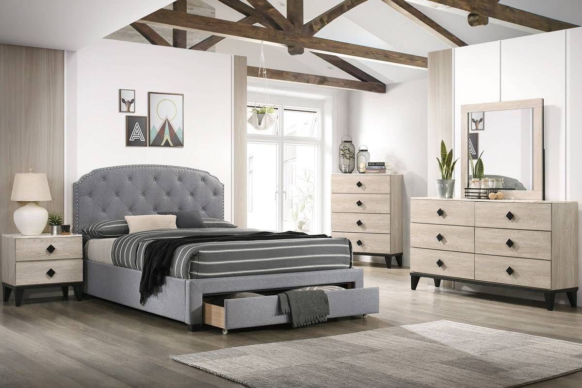 Poundex F9510Q 4 pc light grey fabric tufted bed with footboard drawer weathered cream finish wood queen bedroom set