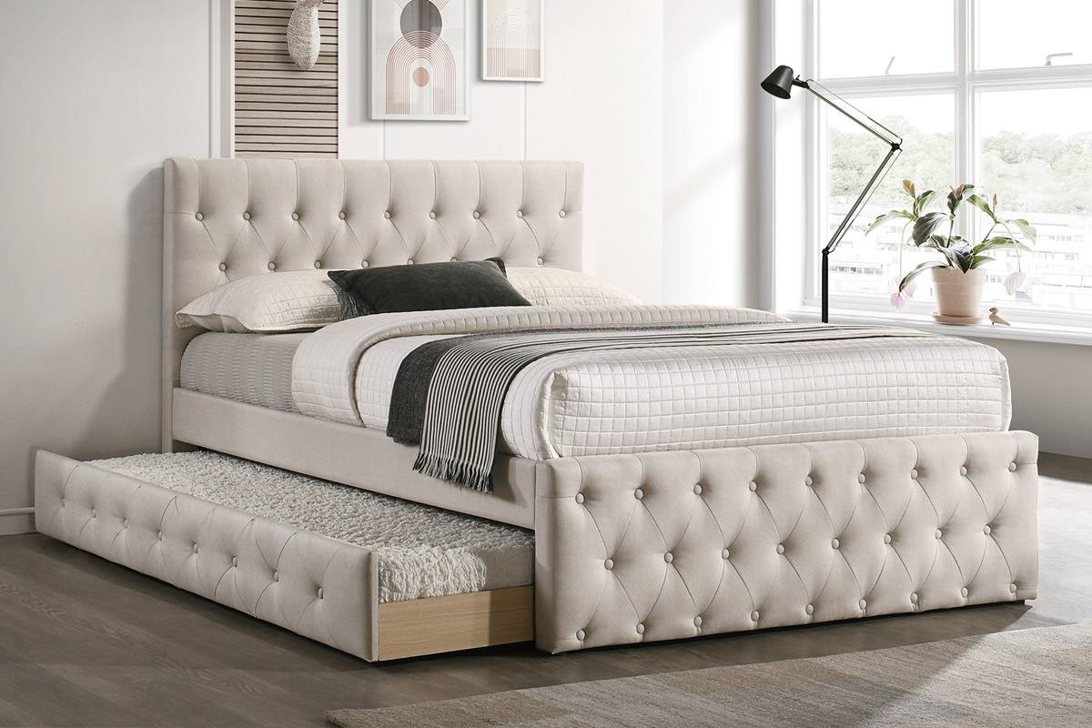 Poundex F9517T Latitude run adem light brown burlap woven fabric twin size bed with twin size trundle bed