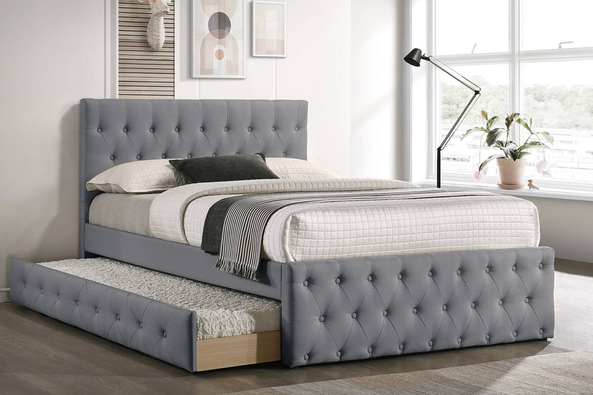 Poundex F9519F Latitude run adem light grey burlap woven fabric full size bed with twin size trundle bed