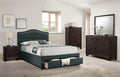 Poundex F9527Q 4 pc charcoal fabric tufted bed with footboard drawer brown finish wood queen bedroom set