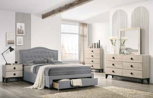 Poundex F9528Q 4 pc light grey fabric tufted bed with footboard drawer weathered cream finish wood queen bedroom set