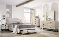 Poundex F9529Q 4 pc light brown fabric tufted bed with footboard drawer weathered cream finish wood queen bedroom set