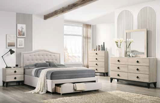 Poundex F9529Q 4 pc light brown fabric tufted bed with footboard drawer weathered cream finish wood queen bedroom set