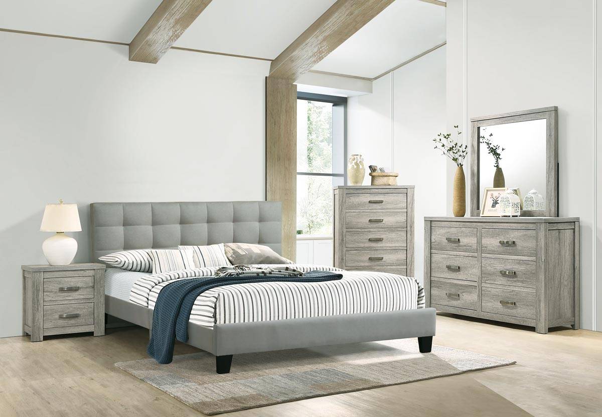Poundex F9532Q-4PC 4 pc grey faux linen tufted queen bed set A & j Homes studios baku
