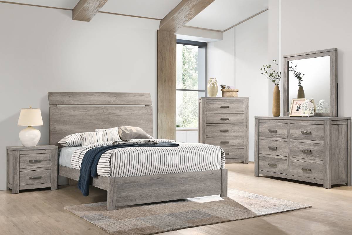 Poundex F9543Q-4PC Washed grey finish wood panel headboard storage footboard queen bed set Canora antoinette