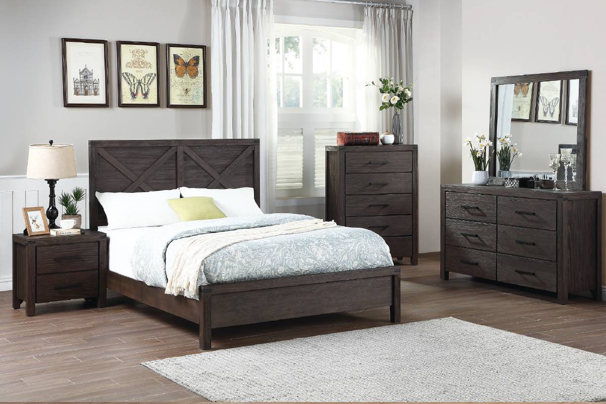 F9547Q-4PC  4 pc antique grey distressed finish wood panel queen bed set Three posts georgette
