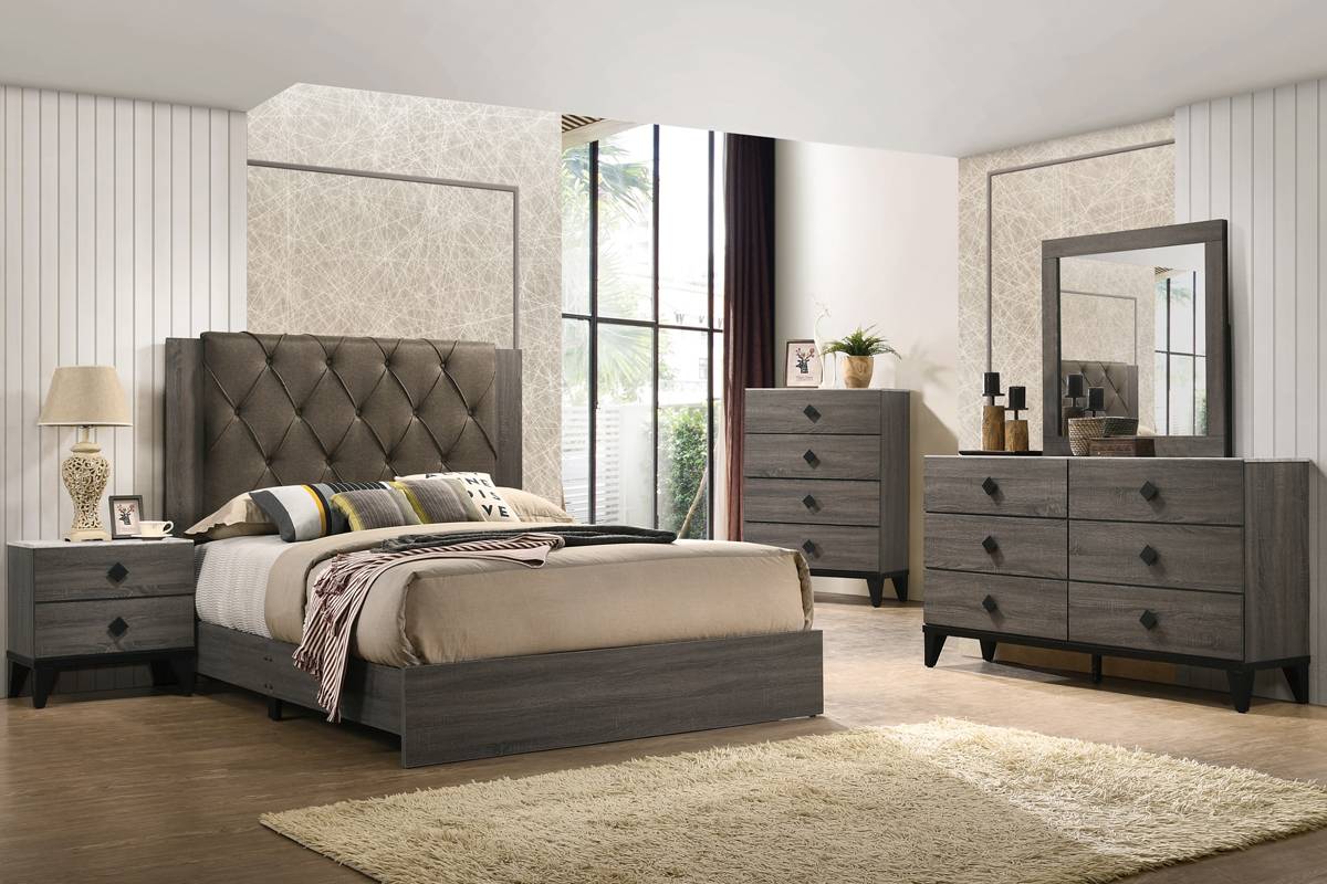 Poundex F9560Q-4PC Padded fabric headboard grey finish wood queen bed set Canora antoinette
