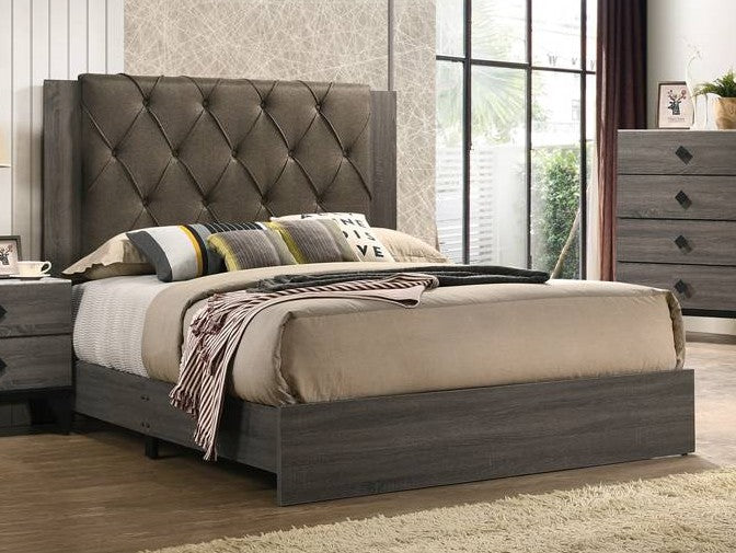 F9560Q Padded fabric headboard grey finish wood queen bed set Canora antoinette