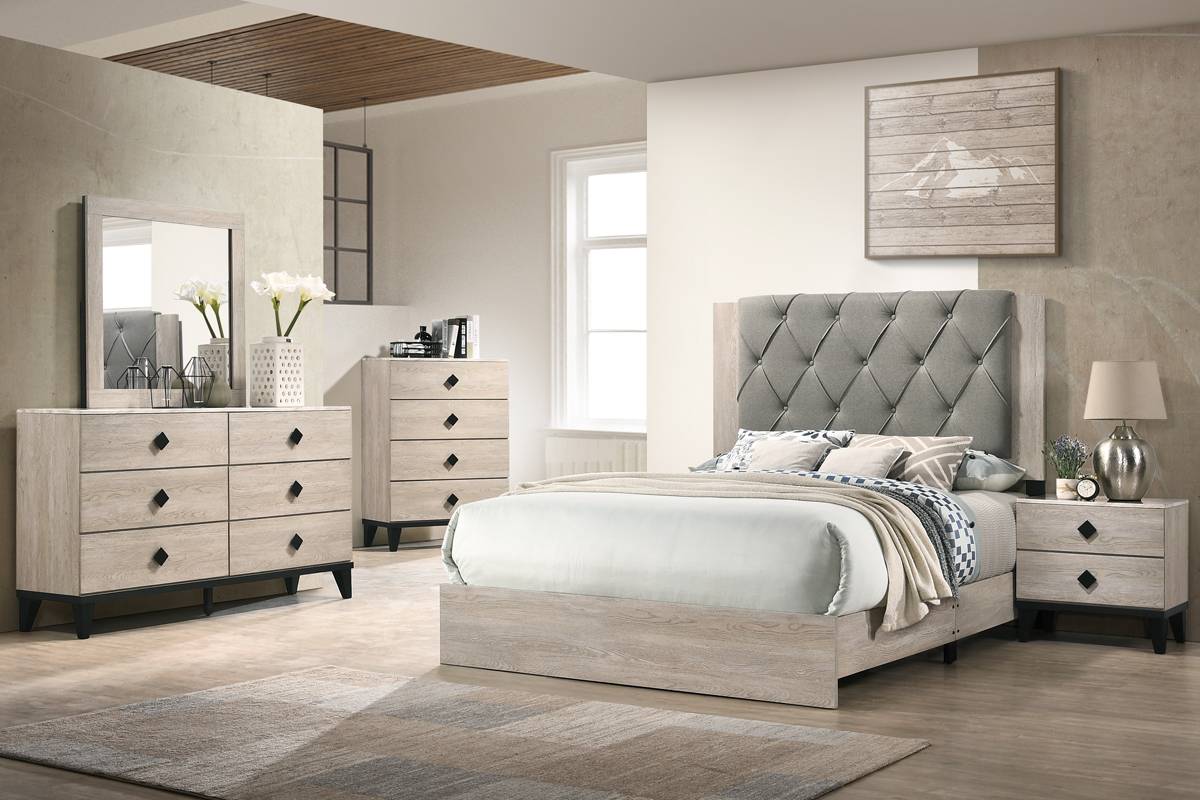 Poundex F9561Q-4PC Padded fabric headboard cream finish wood queen bed set Canora antoinette