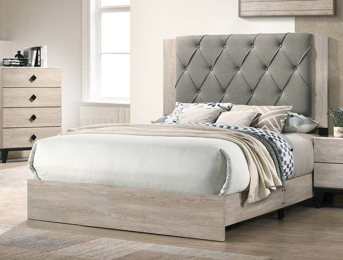 F9561Q Padded fabric headboard cream finish wood queen bed set Canora antoinette