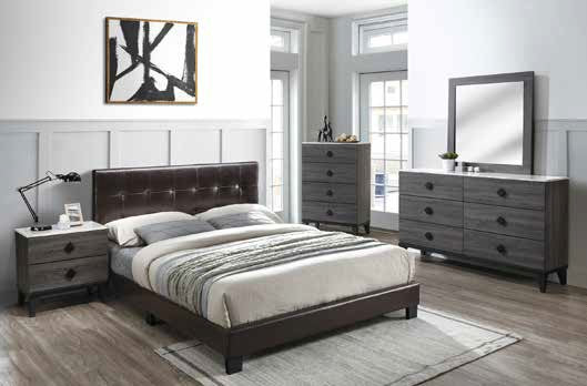 Poundex F9566Q 4 pc brown faux leather bed weathered grey finish wood queen bedroom set