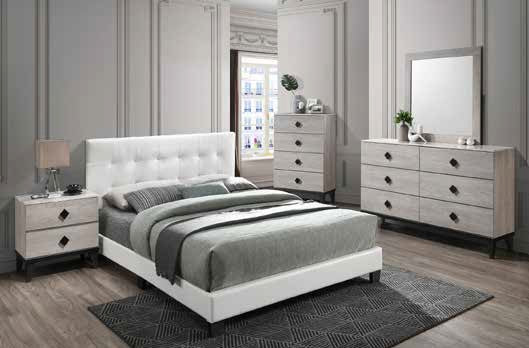 Poundex F9568Q 4 pc white faux leather bed weathered light grey finish wood queen bedroom set