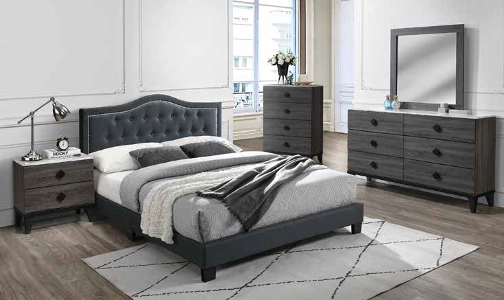 Poundex F9569Q 4 pc charcoal fabric tufted bed weathered light grey finish wood queen bedroom set