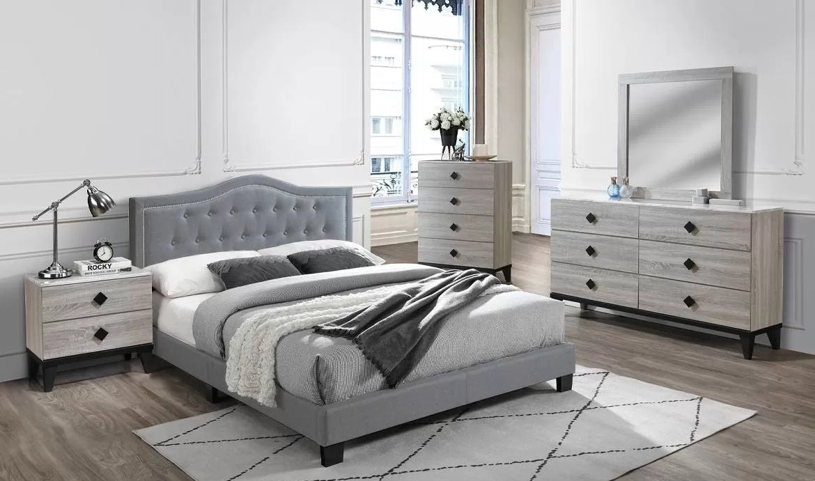 Poundex F9571Q 4 pc Grey velvet tufted headboard weathered light grey finish wood queen bedroom set