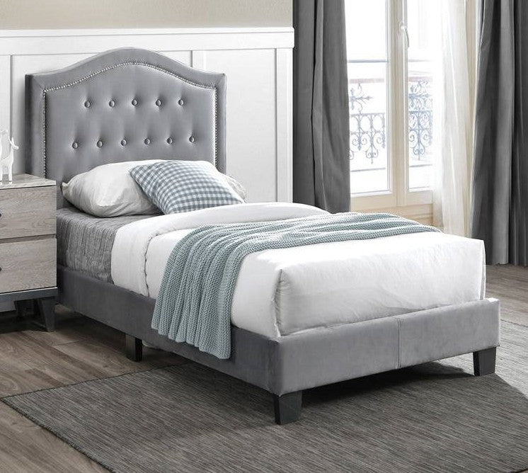 Poundex F9571T grey velvet fabric tufted nail head trim twin bed set euro slat kit included Orren ellis wesley