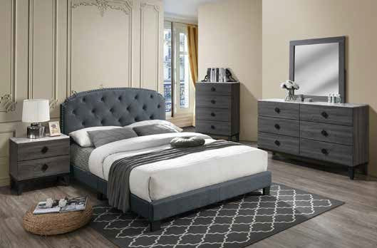 Poundex F9572Q 4 pc charcoal fabric tufted bed weathered light grey finish wood queen bedroom set