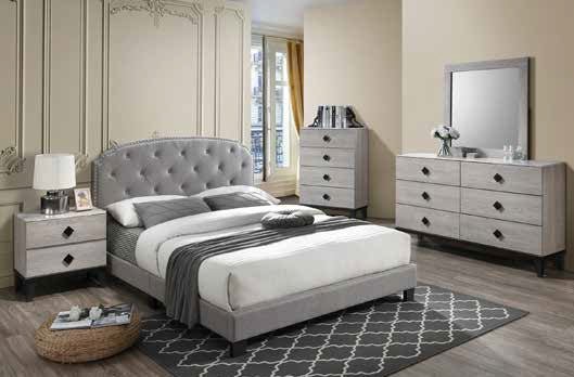 Poundex F9573Q 4 pc light grey fabric tufted bed weathered light grey finish wood queen bedroom set