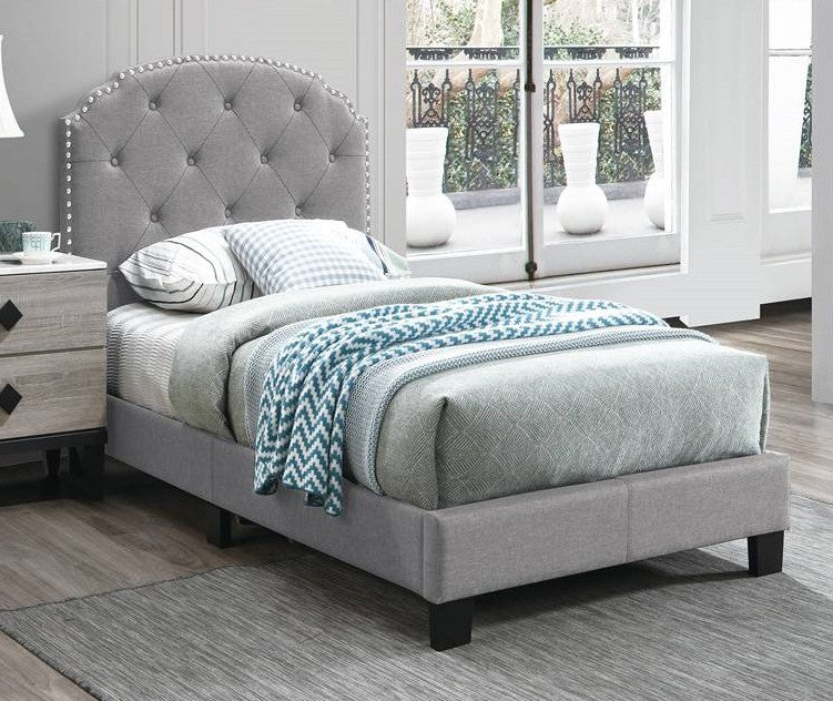 Poundex F9573T light grey fabric tufted twin bed set euro slat kit included Orren ellis wesley