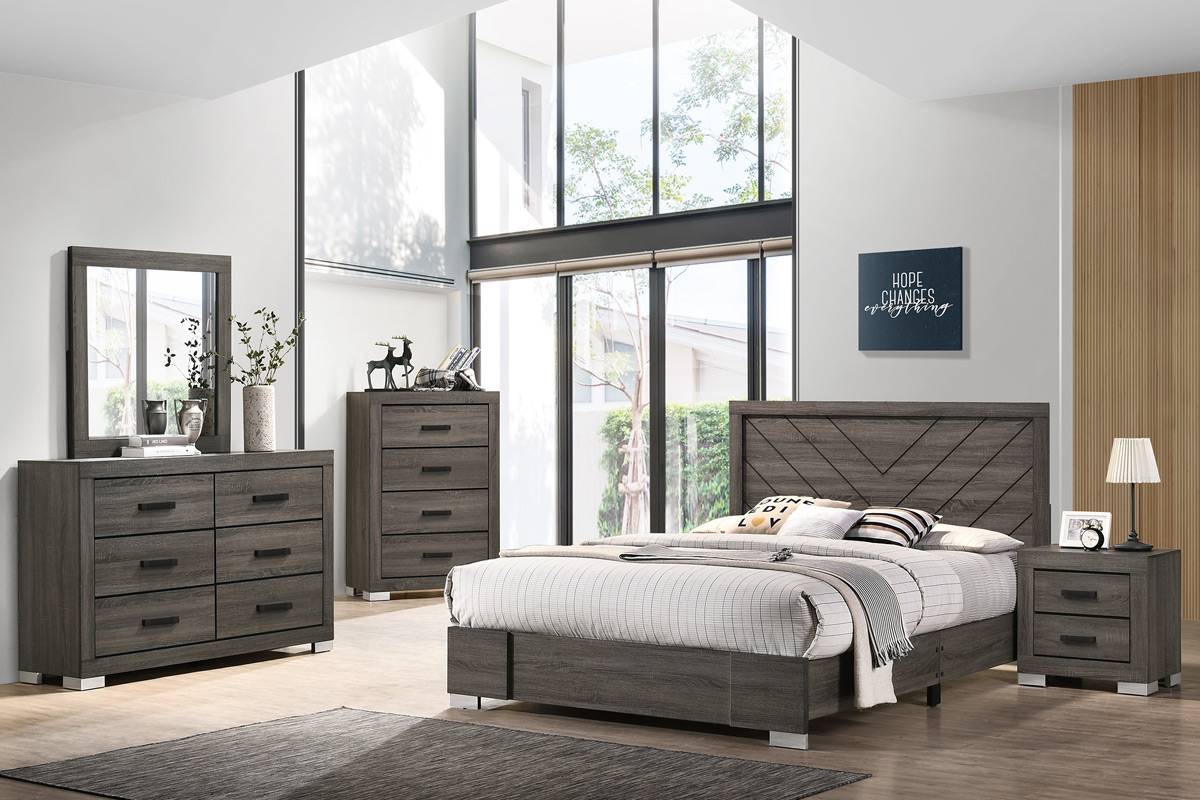 F9578Q-4PC  4 pc antique grey distressed finish wood queen bed set Three posts georgette