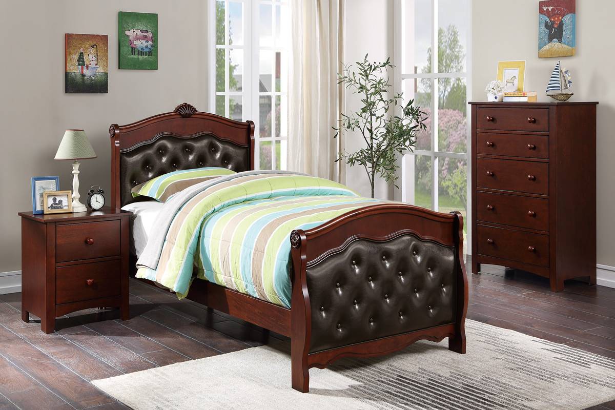 Poundex F9581T Queen anne cherry finish wood espresso tufted faux leather sleigh style twin bed