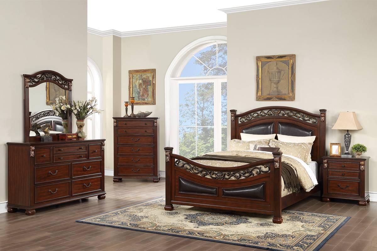 Poundex F9585Q-4PC 4 pc Morgan cherry brown finish wood ornate accented faux leather padded headboard and footboard queen bed set