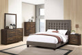 F9586Q-4PC  4 pc antique grey distressed finish wood brown fabric tufted queen bed set Three posts georgette