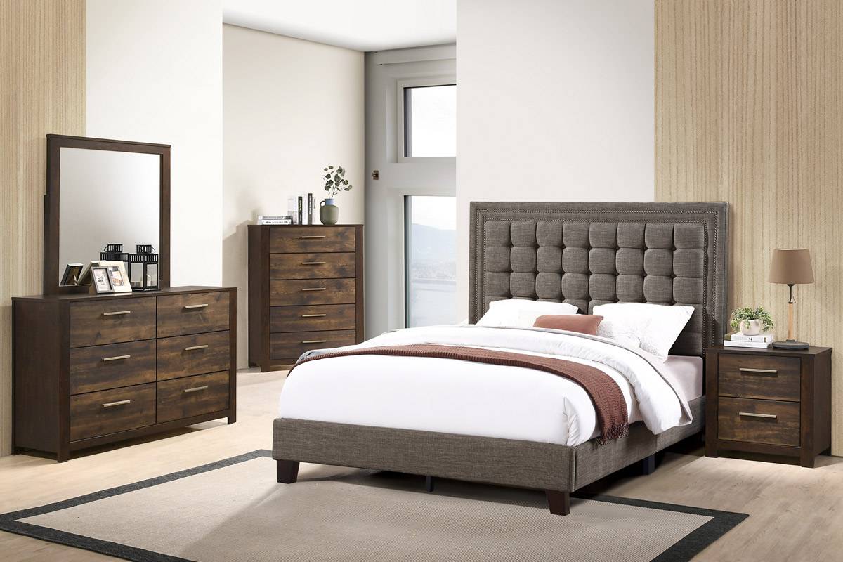 F9586Q-4PC  4 pc antique grey distressed finish wood brown fabric tufted queen bed set Three posts georgette